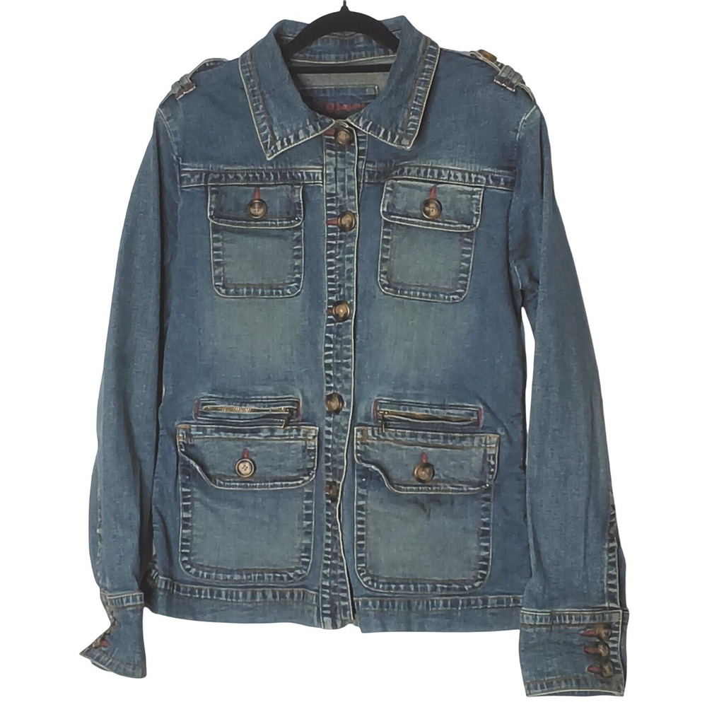 Jag Jeans Denim Jacket Women Size‎ M Blue Stretch Button Front Utility Jean